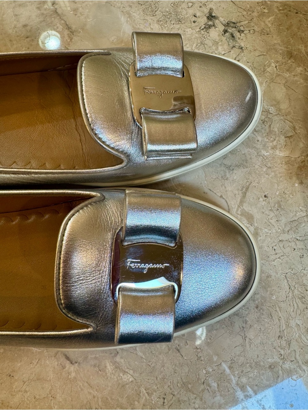 Salvatore Ferragamo Metallic Silver Leather Loafers